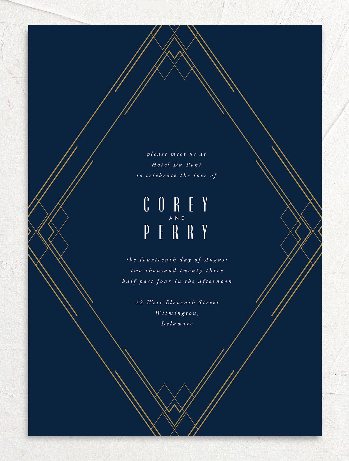 Formal Deco Wedding Invitations front in blue