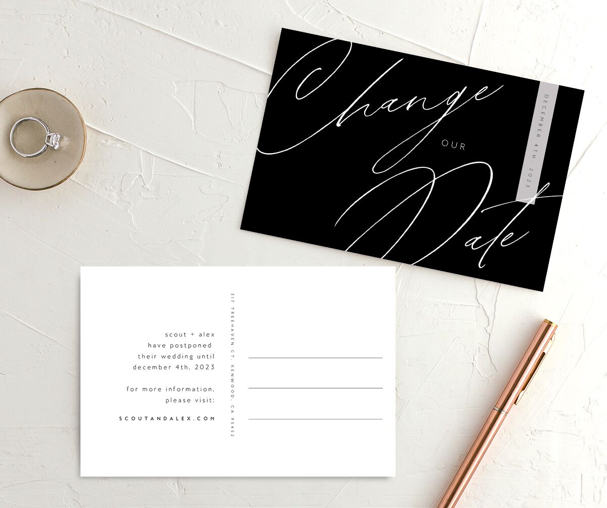 Modern Script Change the Date Postcards front-and-back in white
