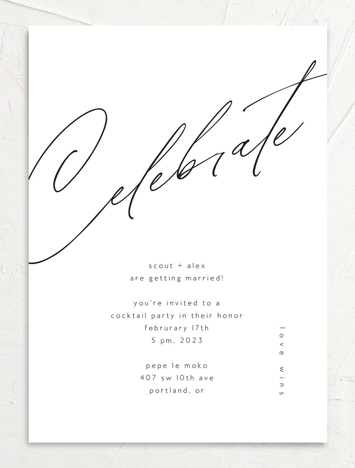 Modern Script Engagement Party Invitations front in white