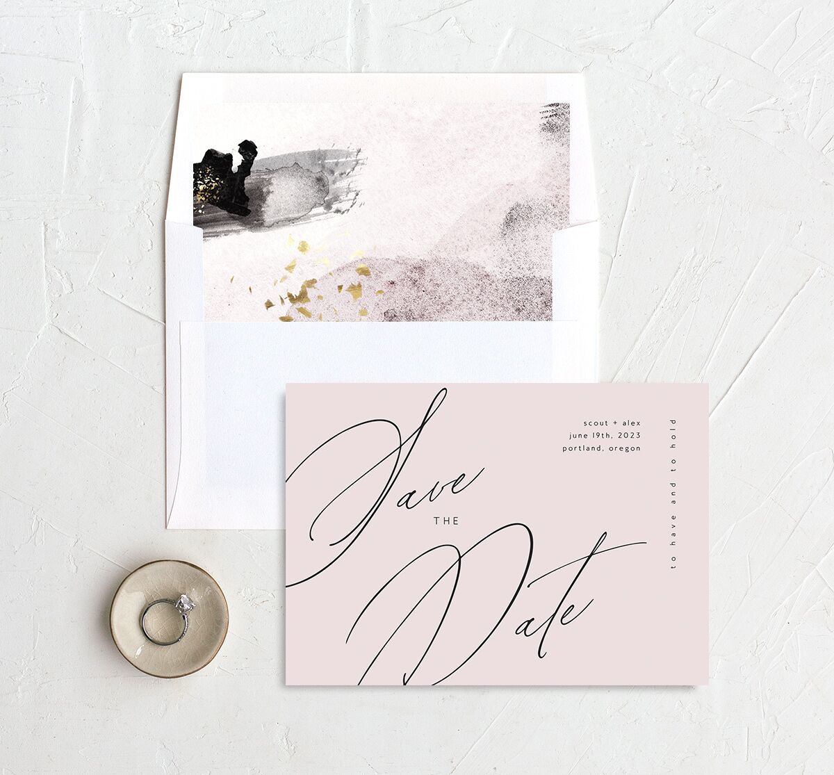 Modern Script Save The Date Cards envelope-and-liner