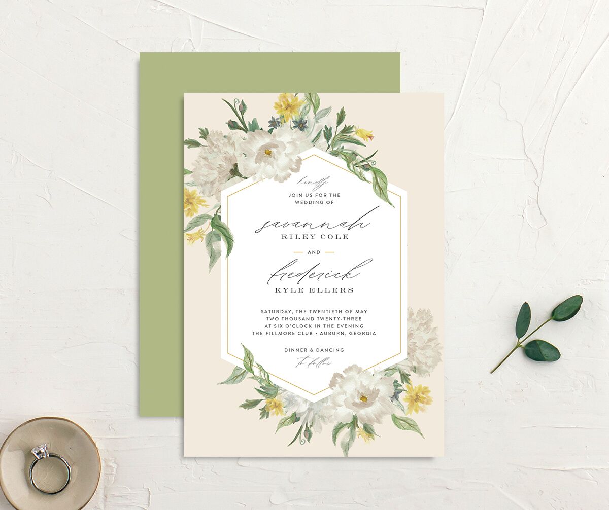 Floral Watercolor Wedding Invitations front-and-back in green