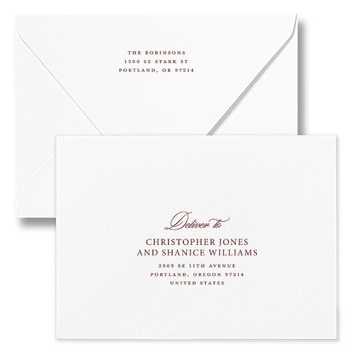 First Christmas Photo Album Holiday Card Euro Envelopes White Merlot Both Recipient and Return Addresses Luxe Signature