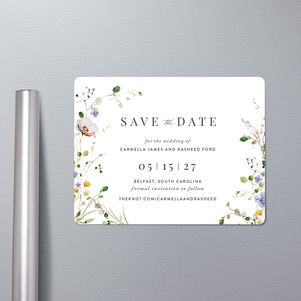 Delicate Wildflower Save The Date Magnets in-situ in White