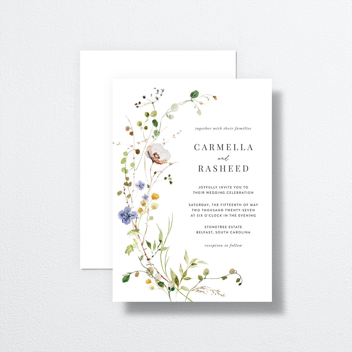 Delicate Wildflower Wedding Invitations front-and-back in white