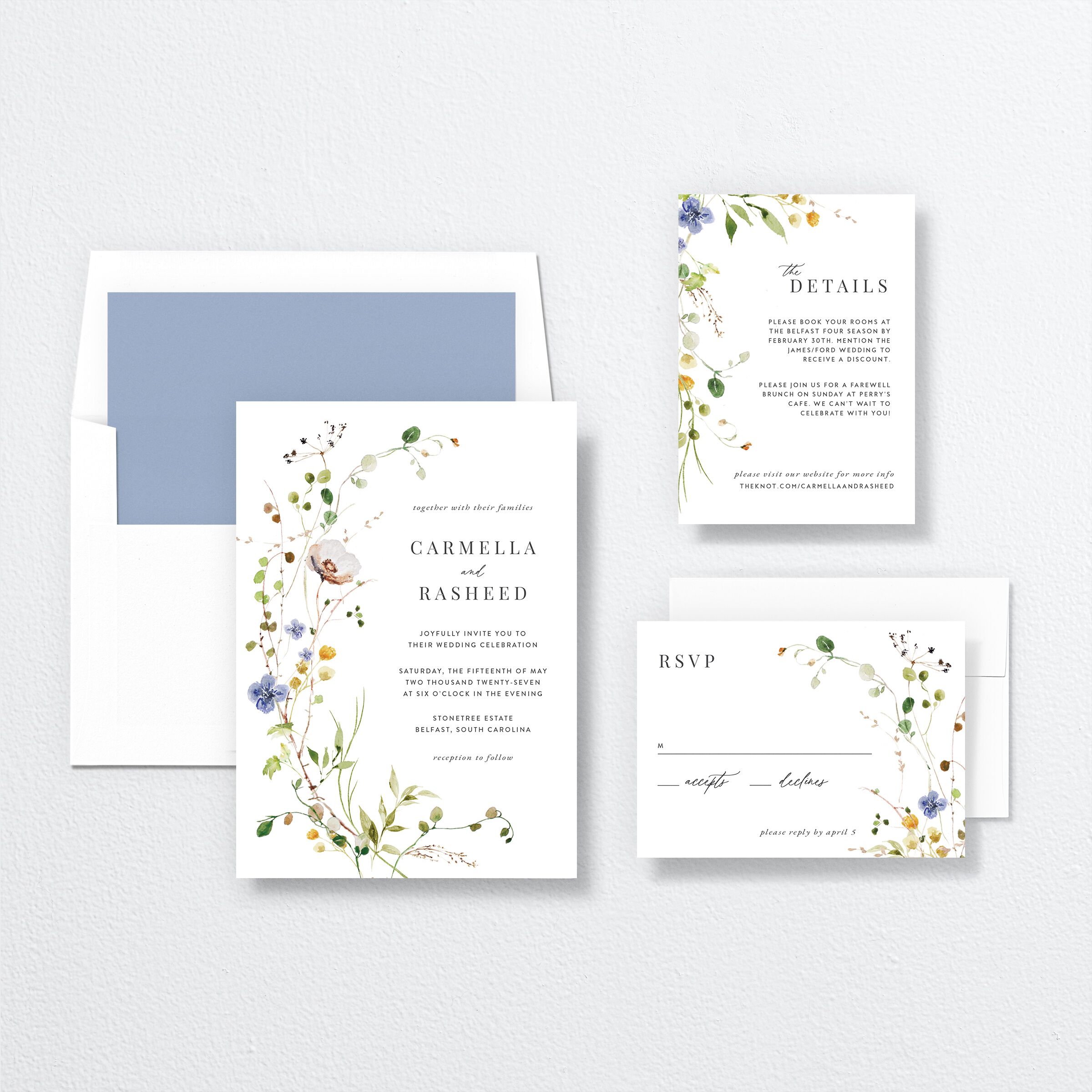 Delicate Wildflower Wedding Invitations suite in white