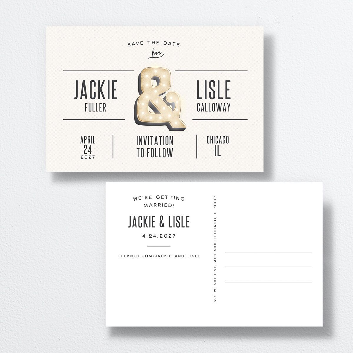 Industrial Marquee Save The Date Postcards  front-and-back in grey