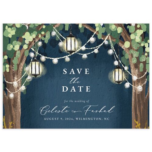 Illuminated Trees Save The Date Cards - Blue