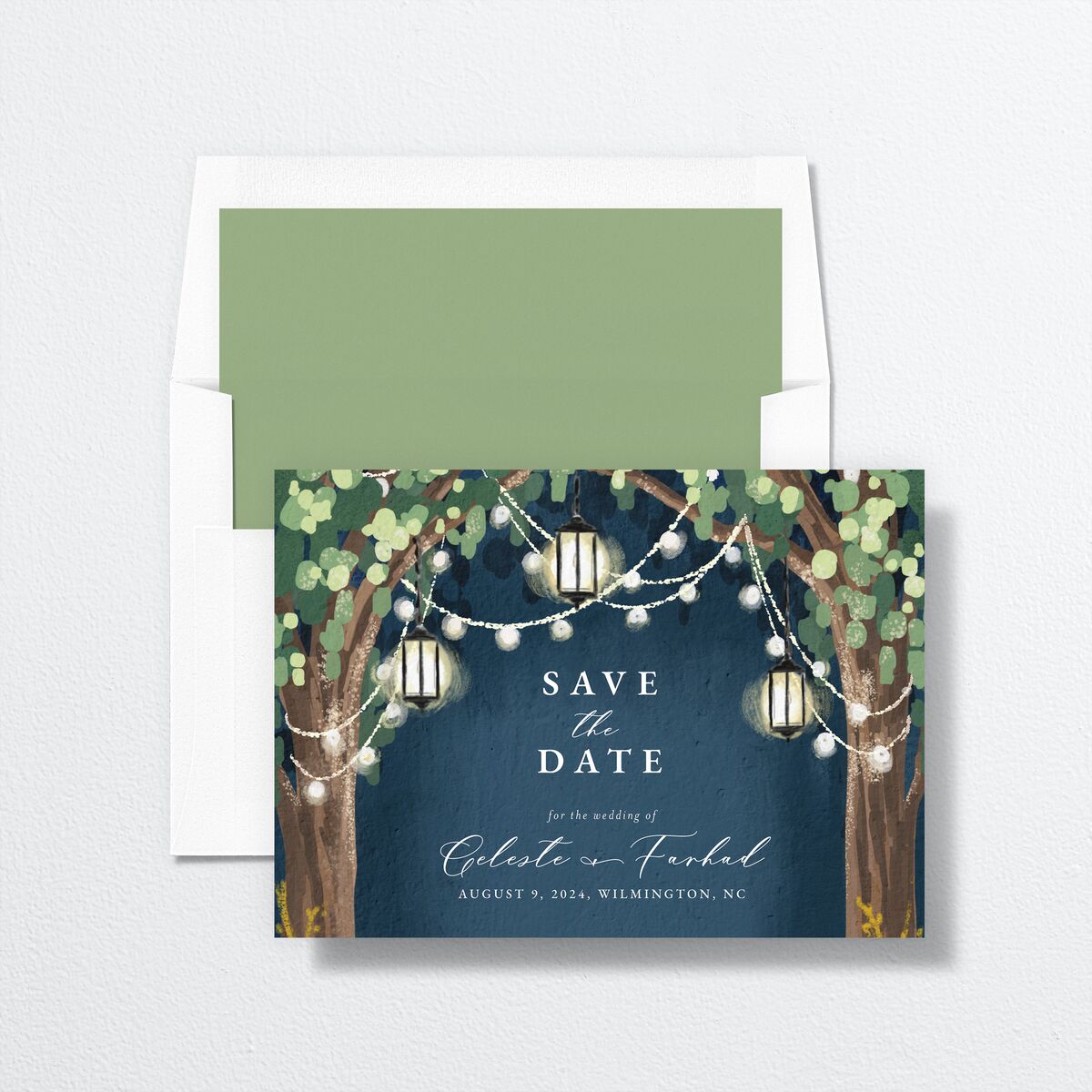 Illuminated Trees Save The Date Cards Moody Blue Signature smooth No Standard