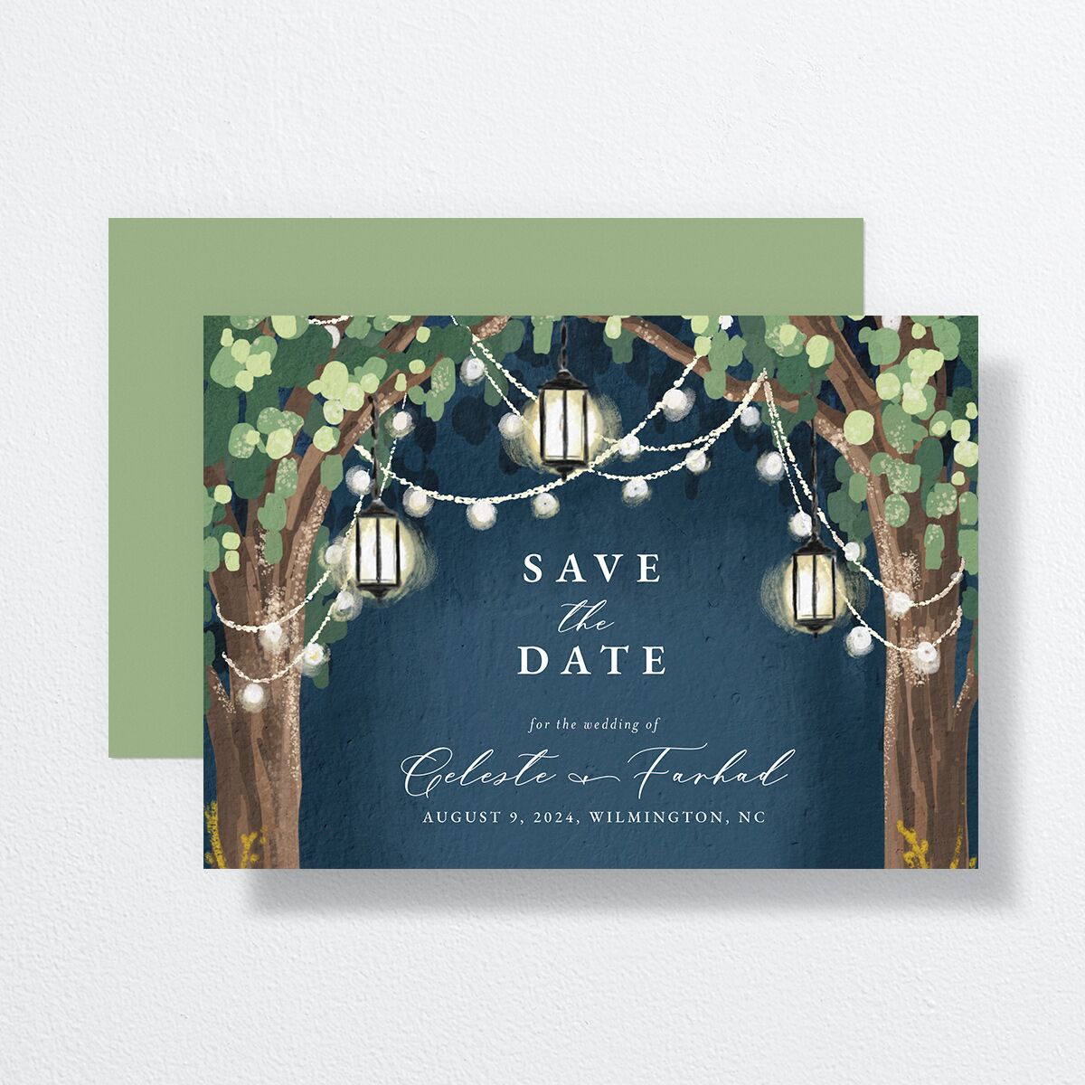 Illuminated Trees Save The Date Cards Moody Blue Signature smooth No Standard