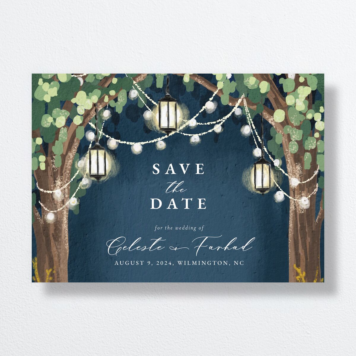 Illuminated Trees Save The Date Cards Moody Blue Signature smooth No Standard