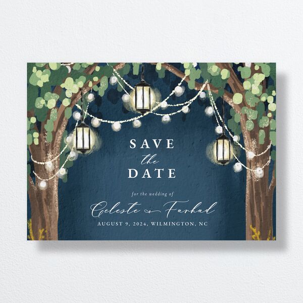 Illuminated Trees Save The Date Cards Moody Blue Signature smooth No Standard