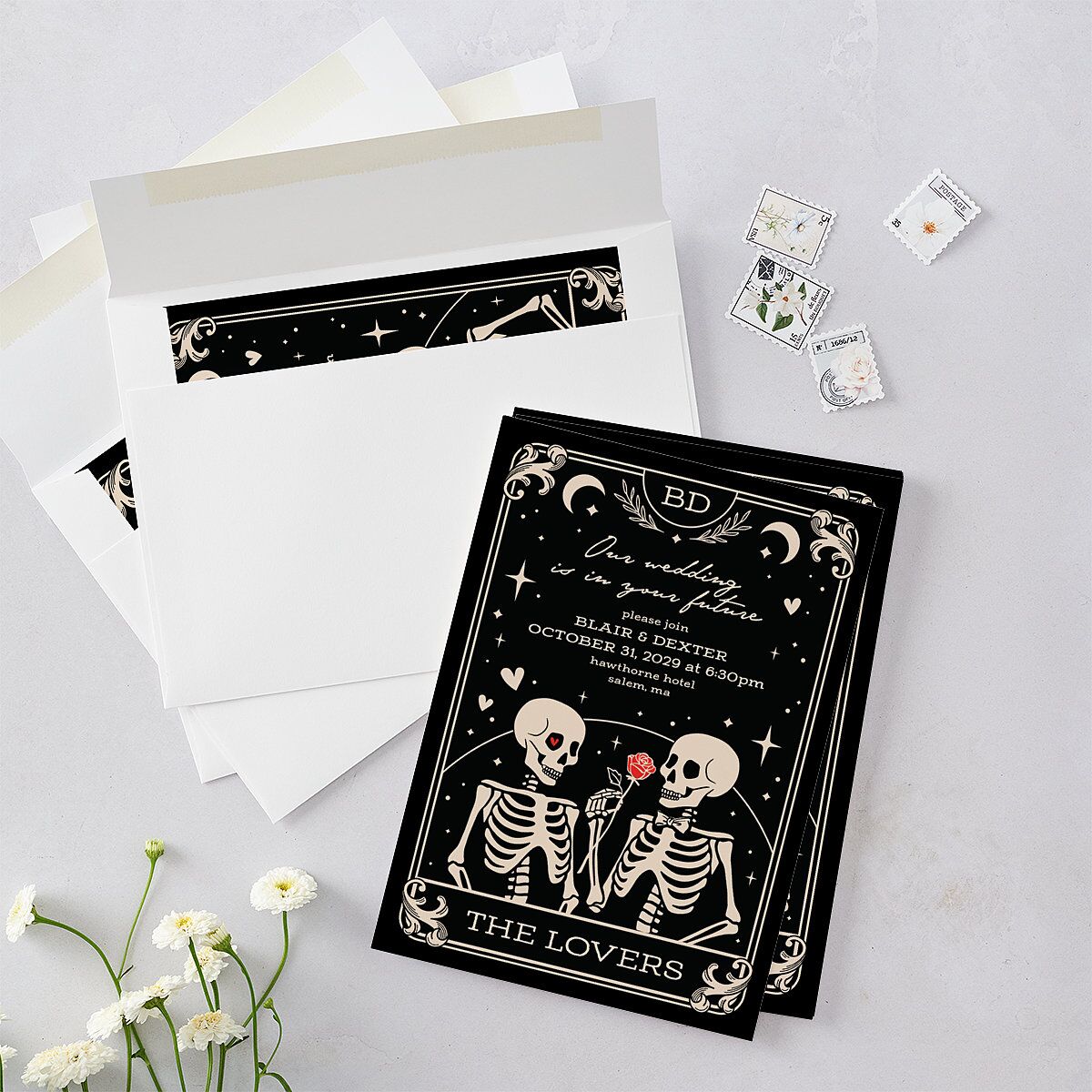 Halloween Tarot Skeletons Wedding Invitations Midnight Signature Blank No Standard