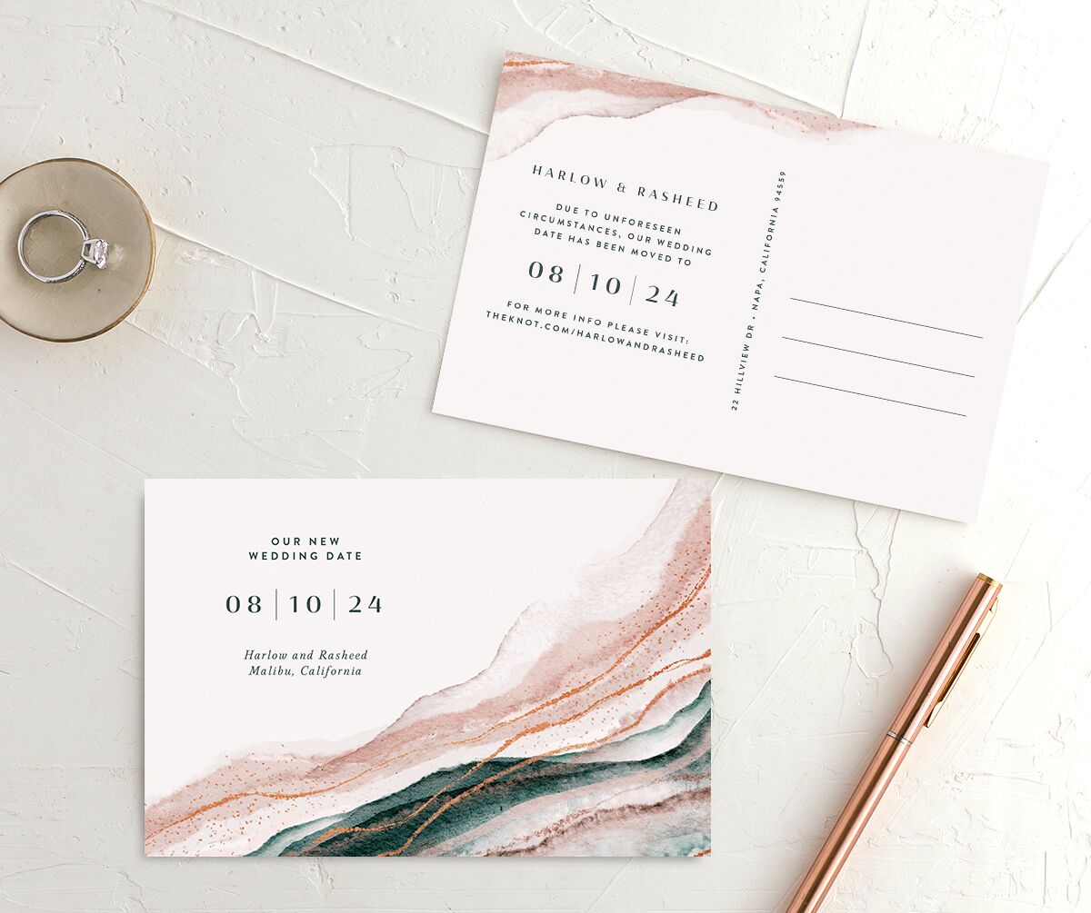 Abstract Wave Change the Date Postcards front-and-back in pink