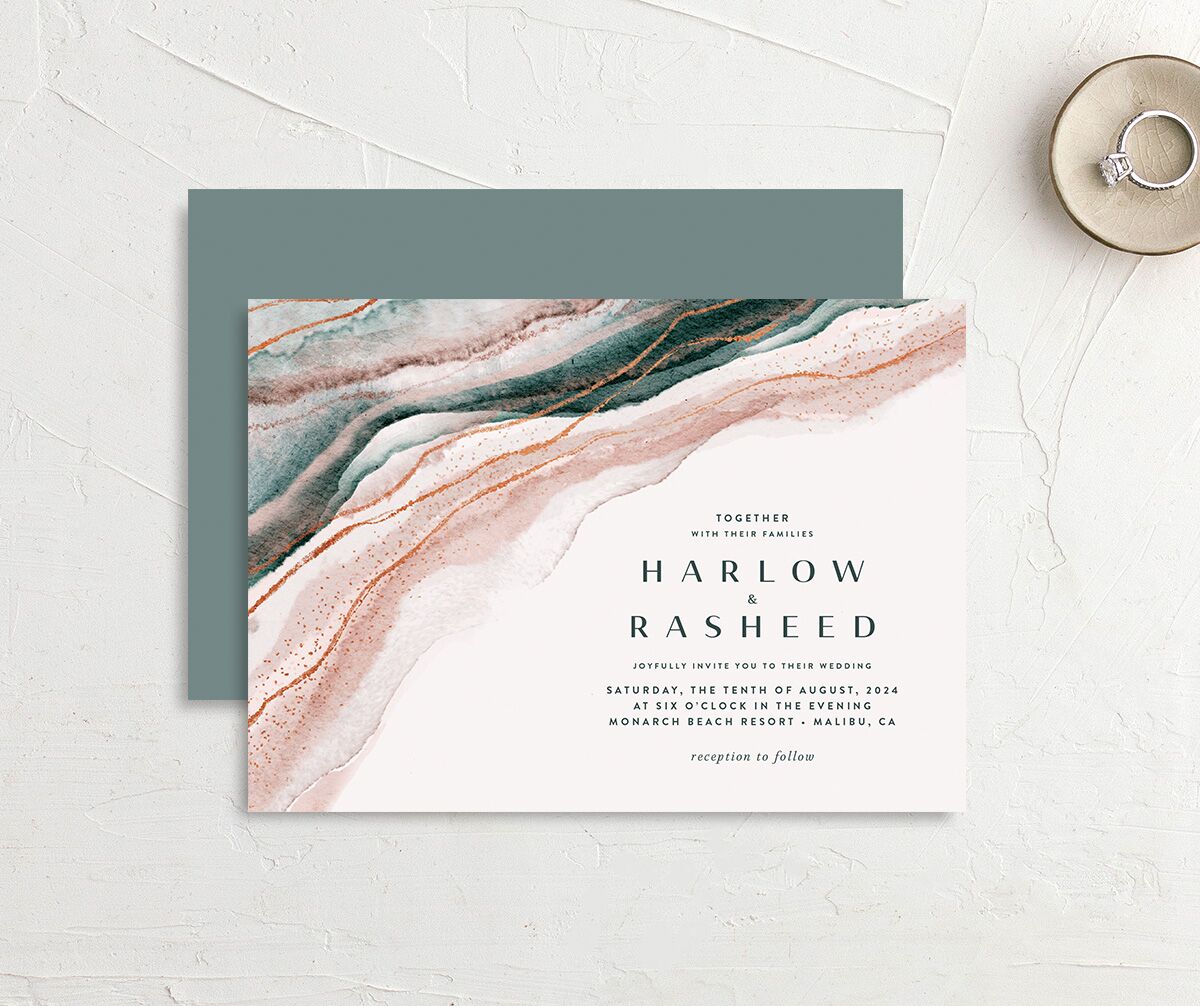 Abstract Wave Wedding Invitation front-and-back in pink