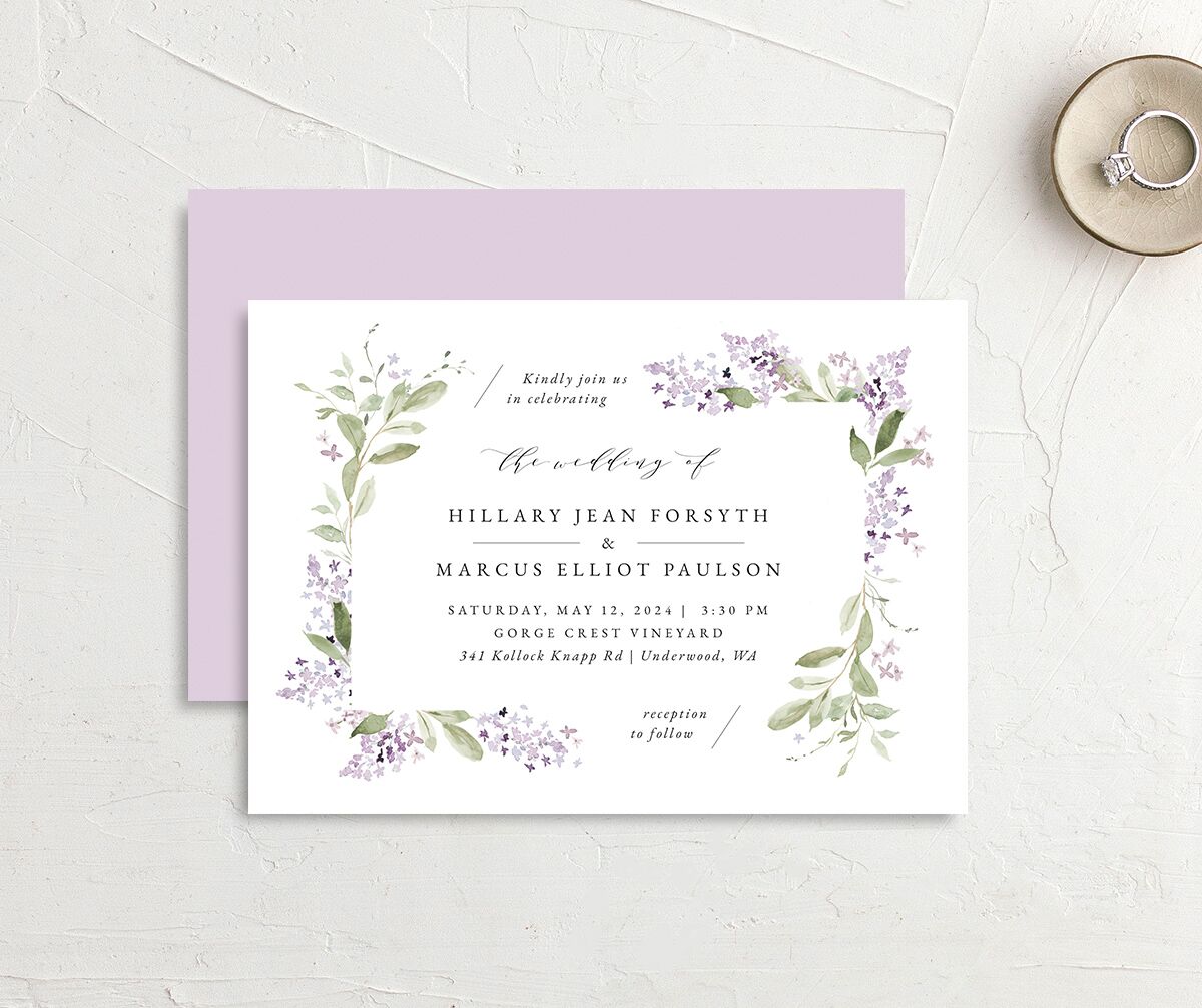 Delicate Lilac Wedding Invitations front-and-back in purple