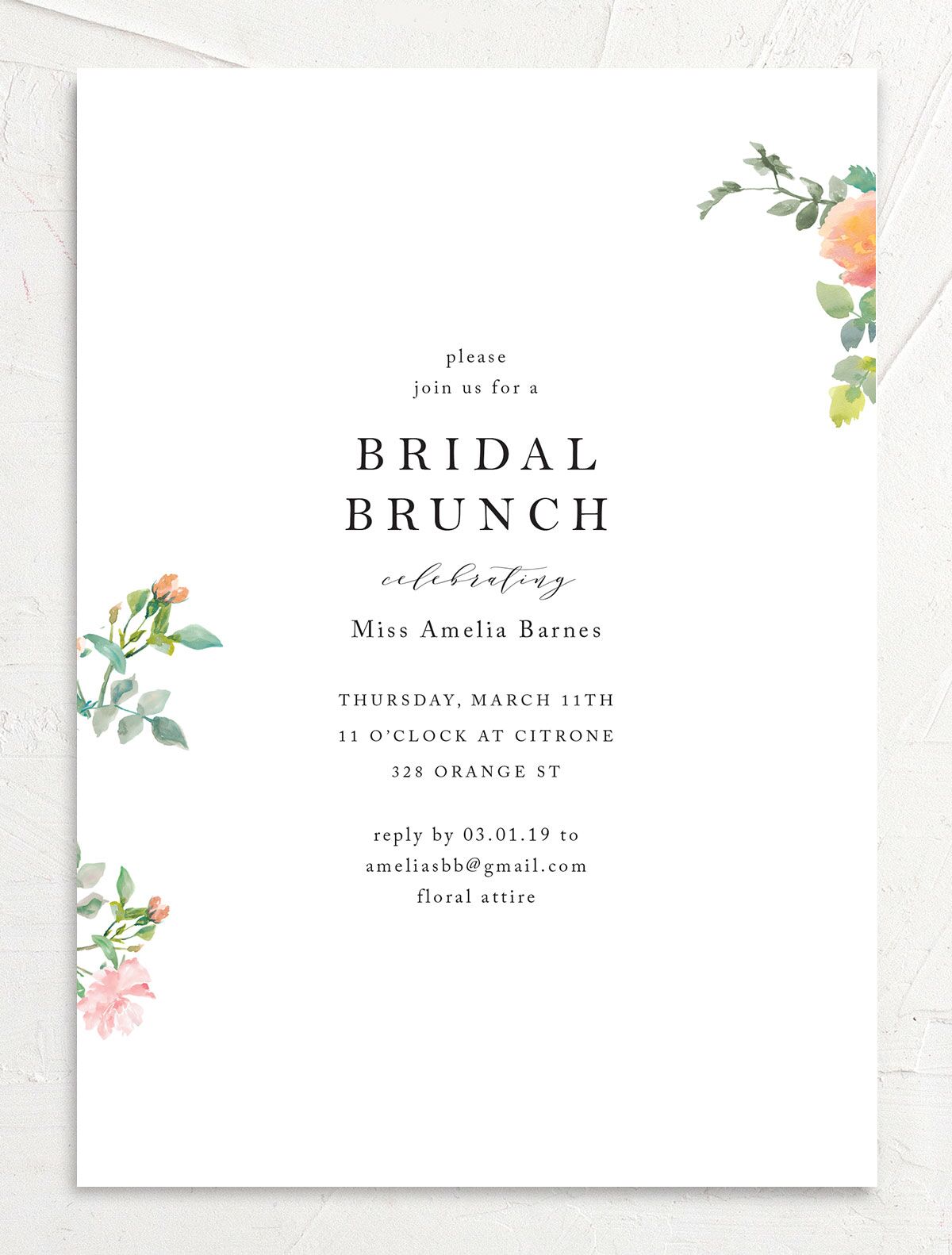Simple Blossom Bridal Shower Invitations front in orange