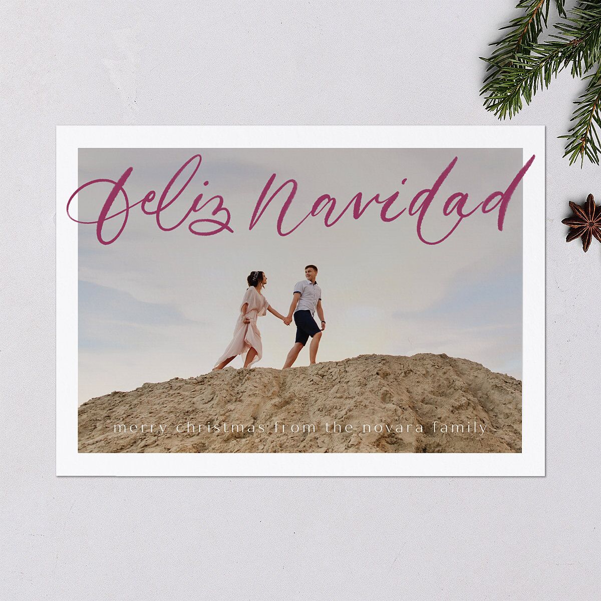 Scripted Feliz Navidad Holiday Cards Raspberry Signature Blank Standard Landscape
