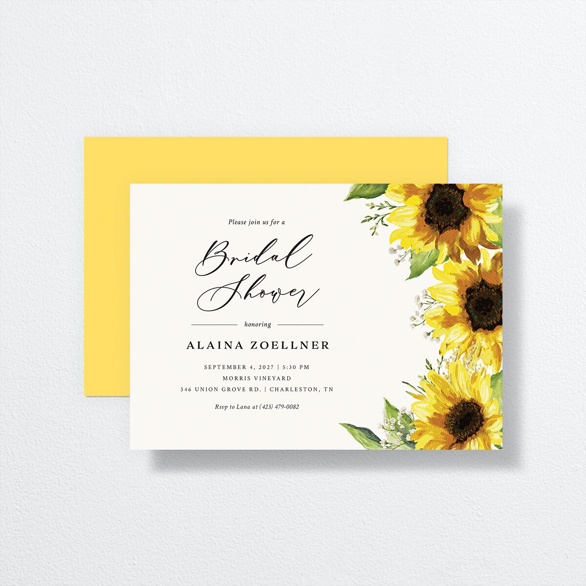 Rustic Sunflower Bridal Shower Invitations front-and-back in yellow