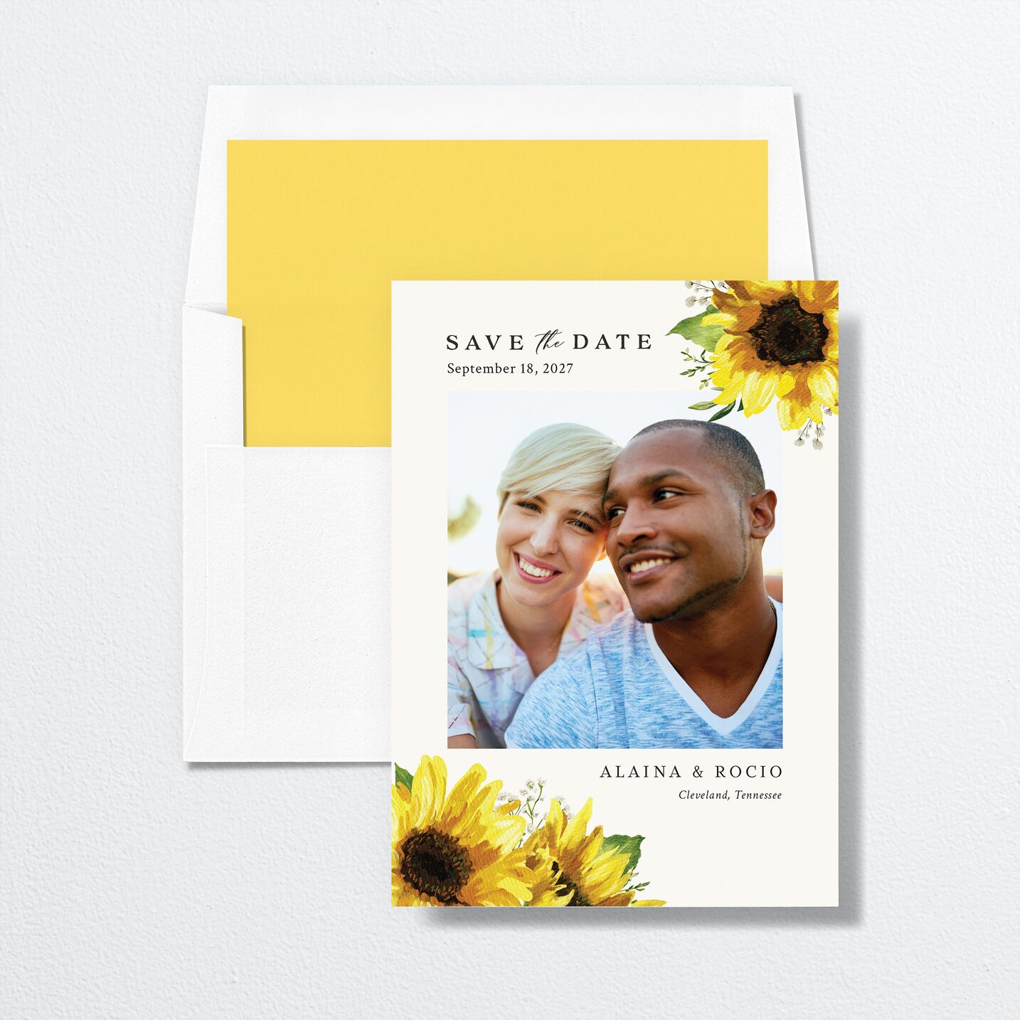 Rustic Sunflower Save The Date Cards envelope-and-liner in yellow
