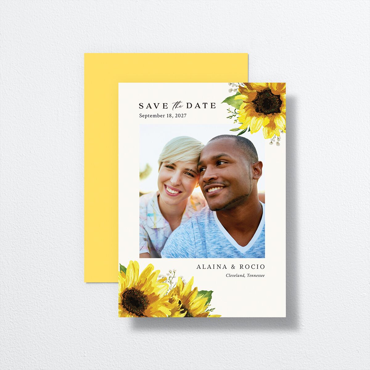 Rustic Sunflower Save The Date Cards front-and-back in yellow