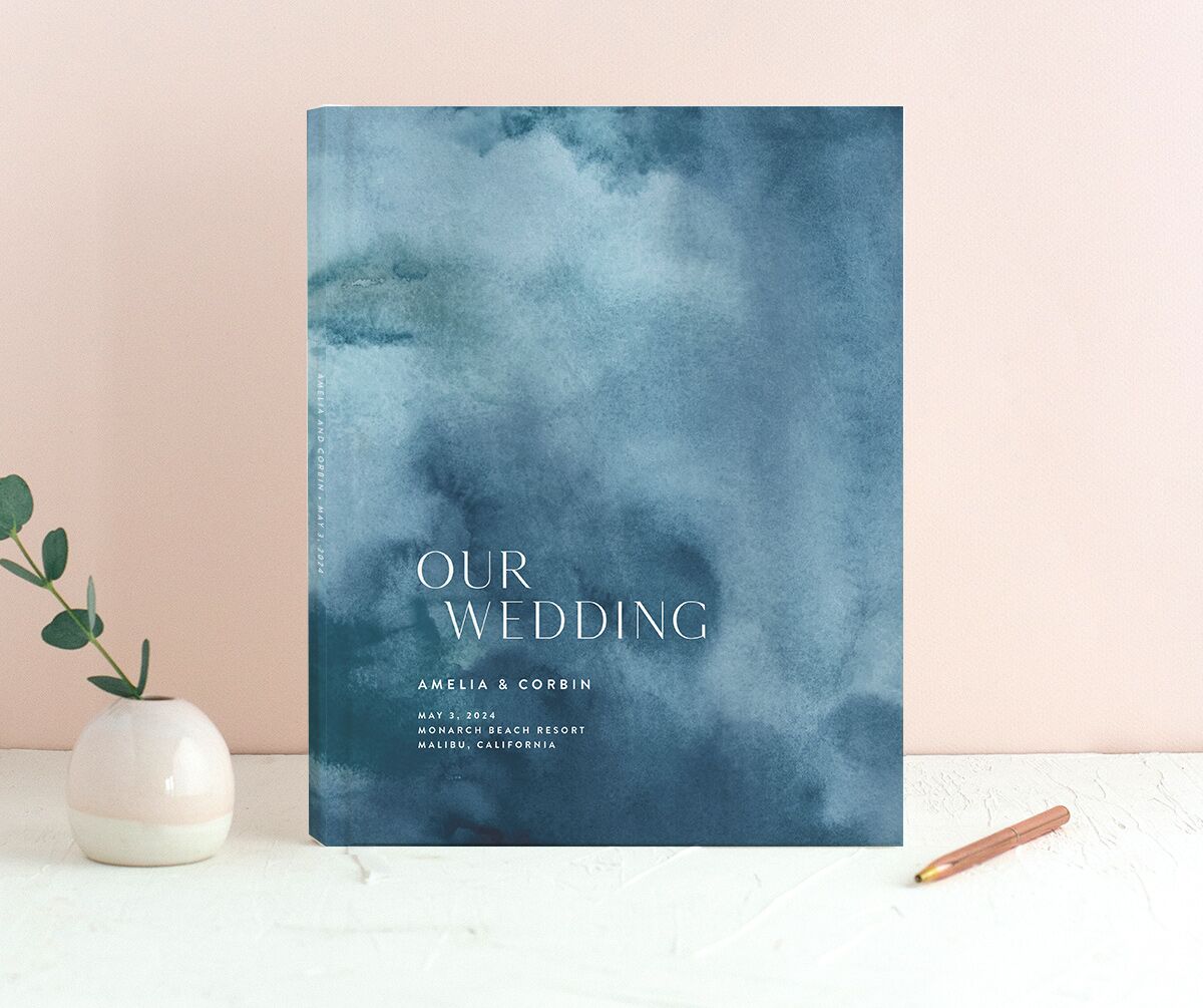 Elegant Ethereal Wedding Guest Book front in Blue