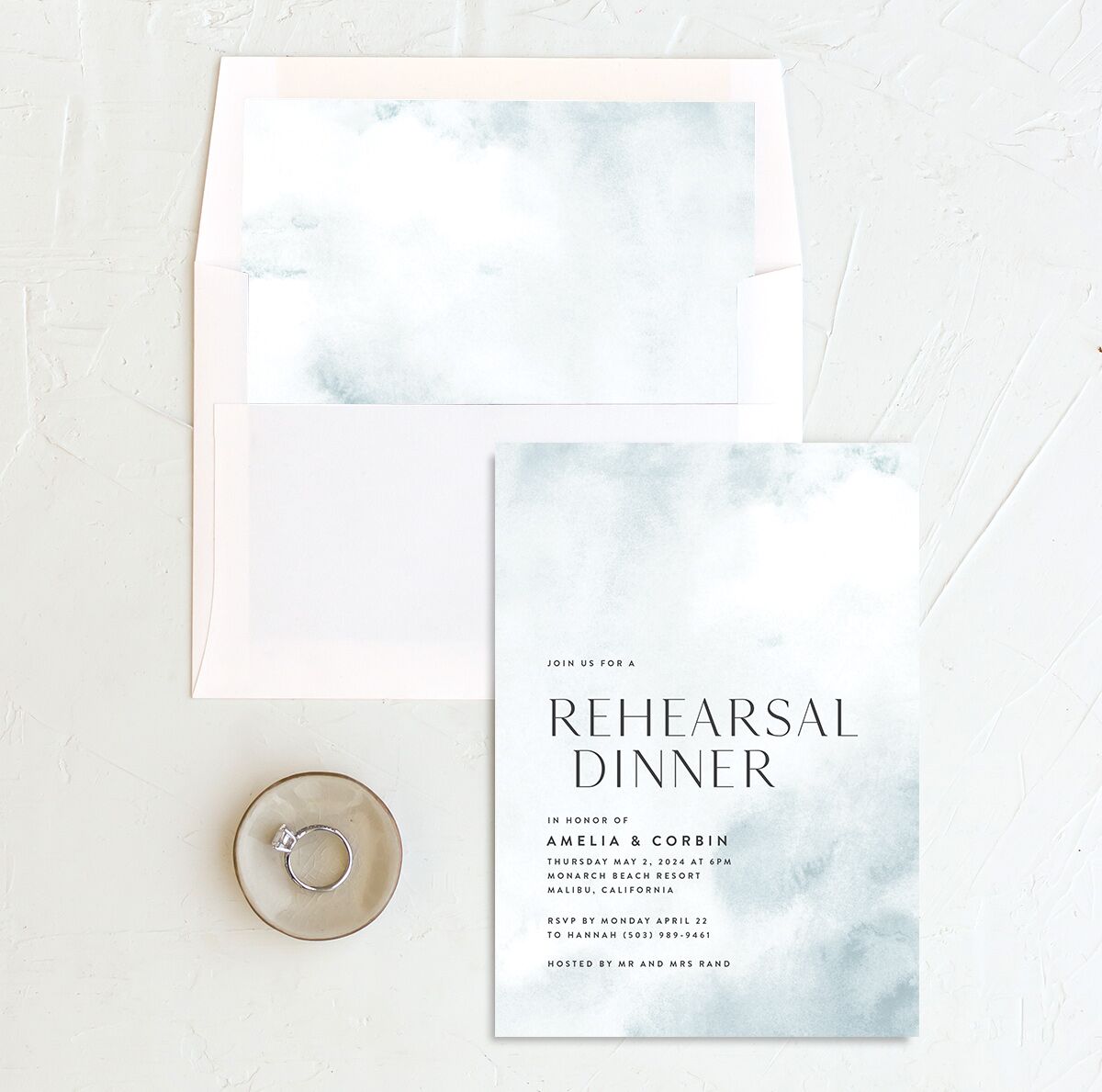 Elegant Ethereal Rehearsal Dinner Invitations envelope-and-liner in Blue