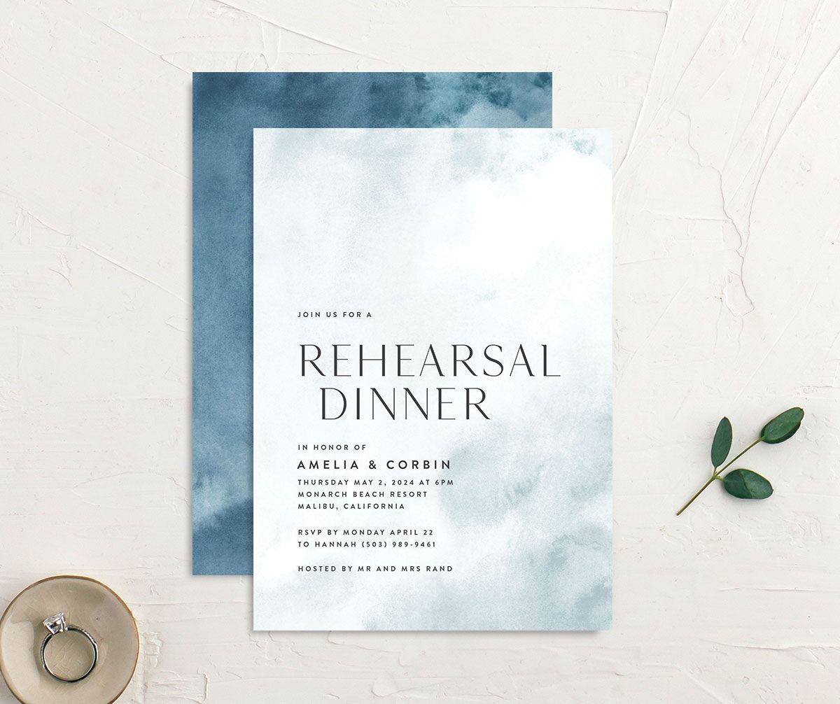 Elegant Ethereal Rehearsal Dinner Invitations front-and-back in Blue