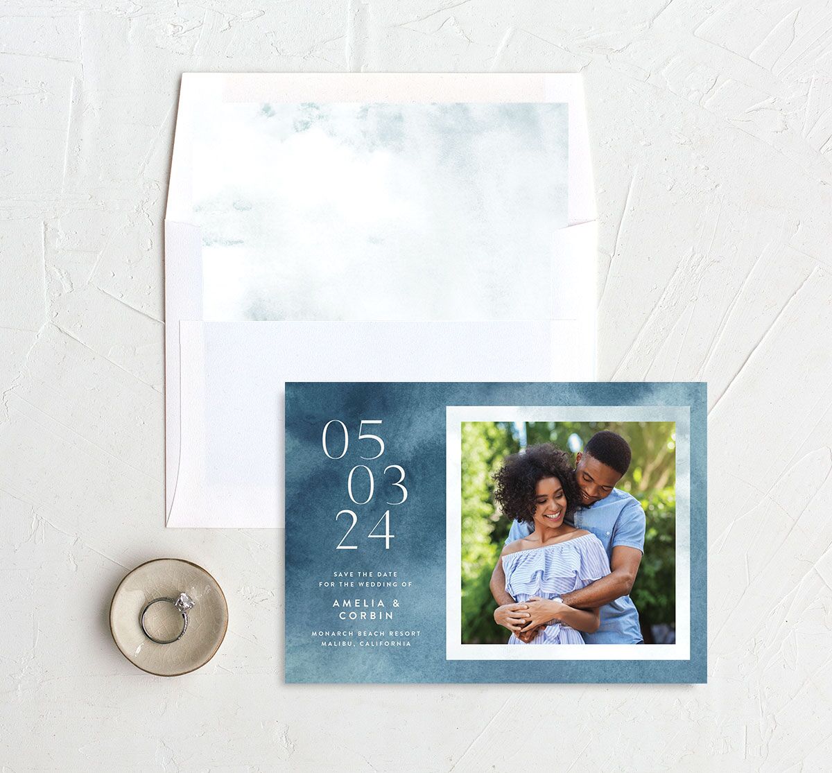 Elegant Ethereal Save The Date Cards envelope-and-liner in Blue