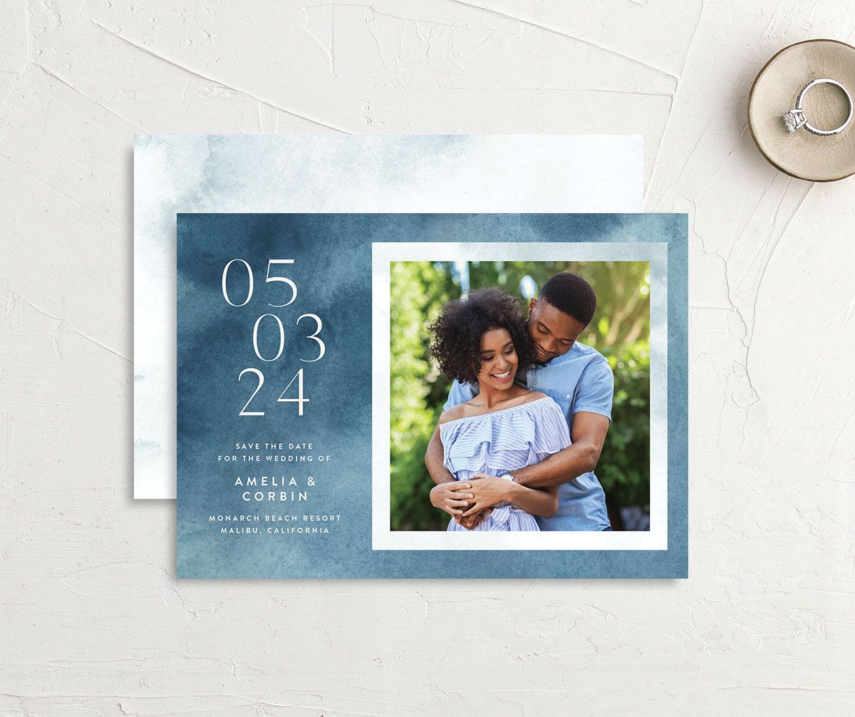 Elegant Ethereal Save The Date Cards front-and-back in Blue