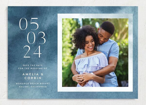 Elegant Ethereal Save The Date Cards front in Blue