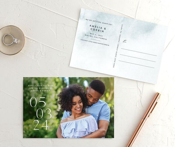 Elegant Ethereal Save The Date Postcards front-and-back in Blue