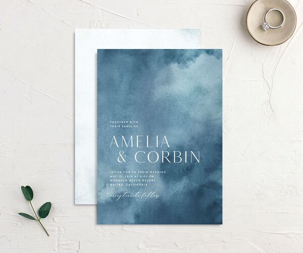 Elegant Ethereal Wedding Invitations front-and-back in Blue