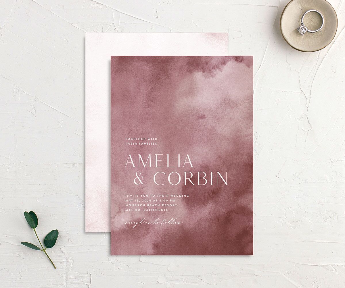 Elegant Ethereal Wedding Invitations front-and-back in purple