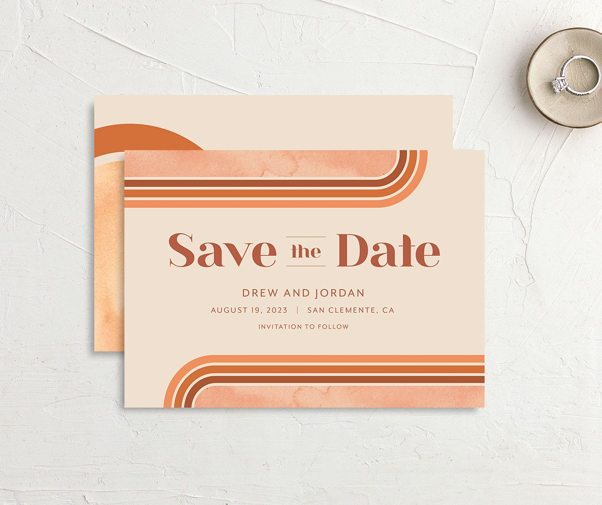 Retro Watercolor Save The Date Cards front-and-back in orange