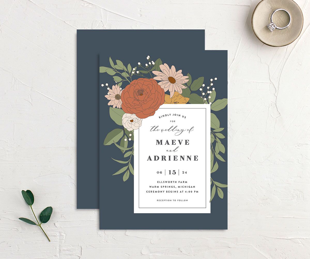 Retro Botanical Wedding Invitations front-and-back in blue