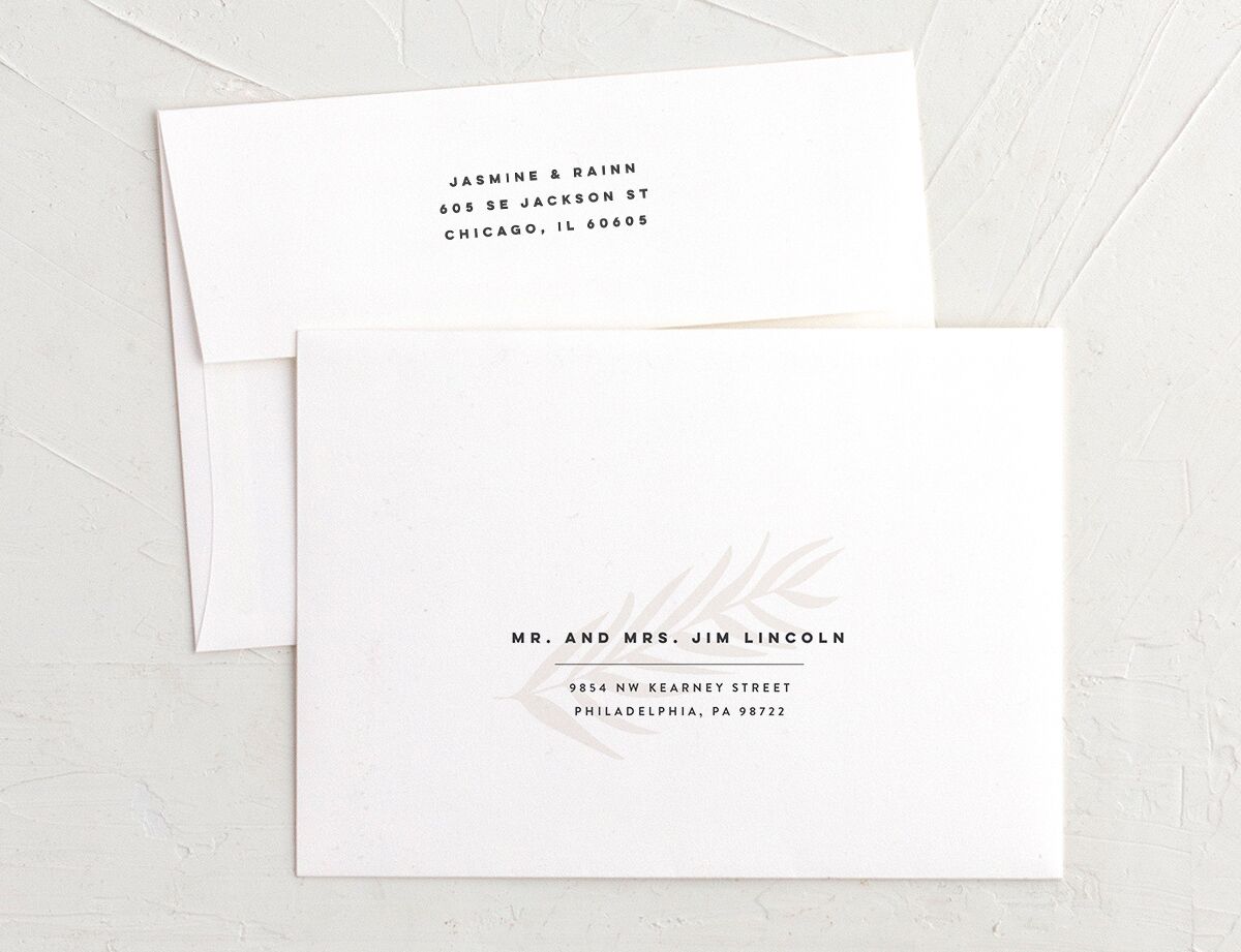 Modern Palm Thank You Card Envelopes White Charcoal Both Recipient and Return Addresses Signature Standard