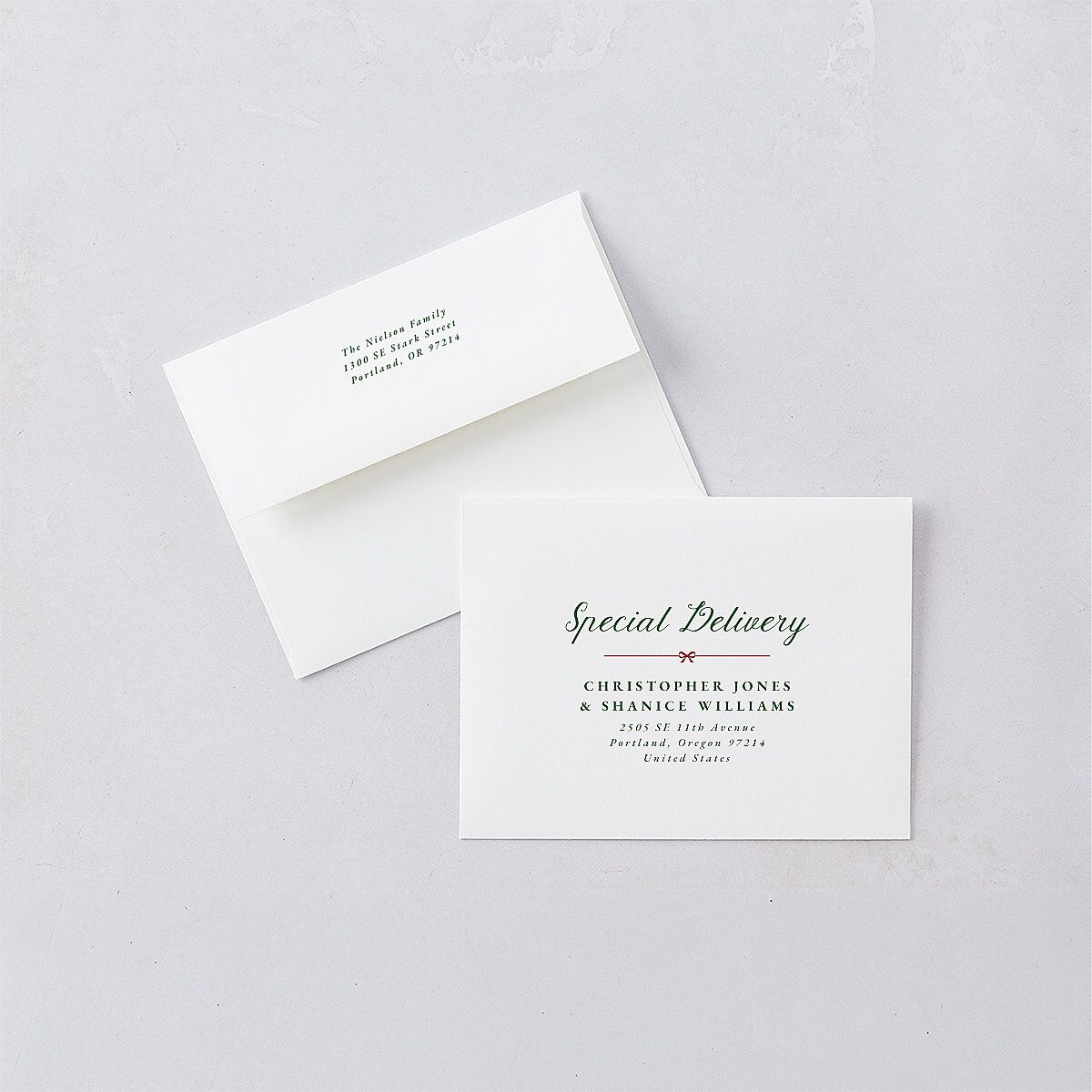 Vintage Bow Pattern Photo Thank You Card Envelopes White Jewel Green Both Recipient and Return Addresses Signature Standard