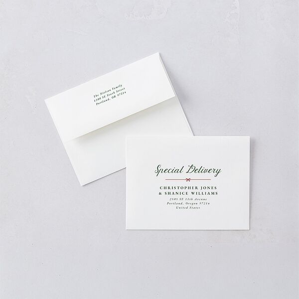 Vintage Bow Pattern Photo Thank You Card Envelopes White Jewel Green Both Recipient and Return Addresses Signature Standard