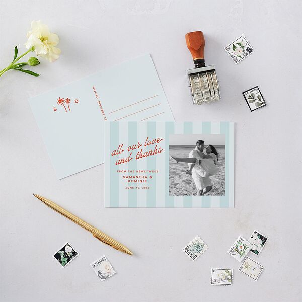 Cabana Stripe Photo Thank You Postcards Pastel Blue