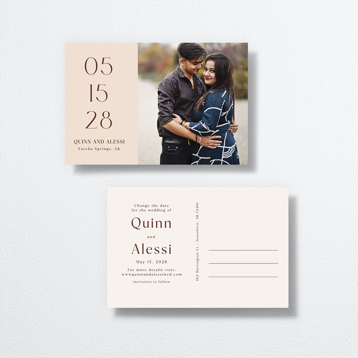 Sunlit Vows Change the Date Postcards front-and-back in orange