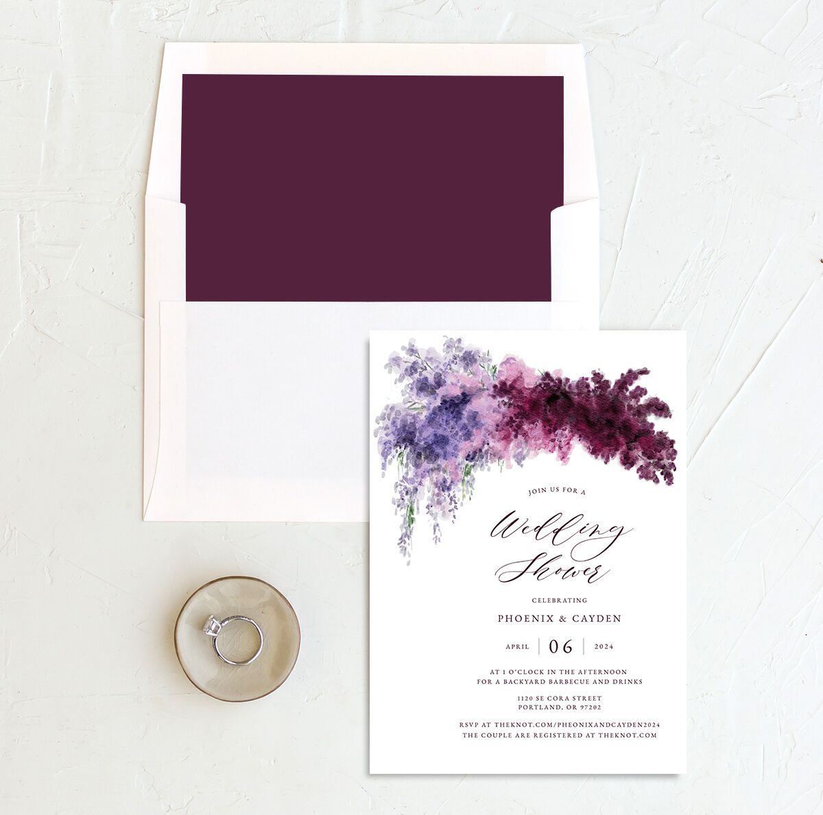 Floral Cloud Bridal Shower Invitations envelope-and-liner in purple