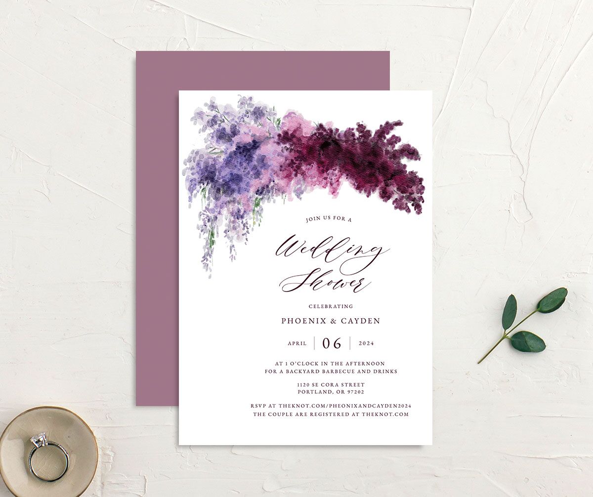 Floral Cloud Bridal Shower Invitations front-and-back in purple