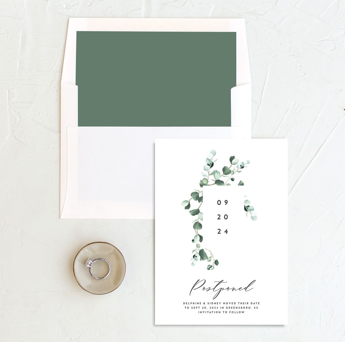 Modern Eucalyptus Change the Date Cards Pure White Signature