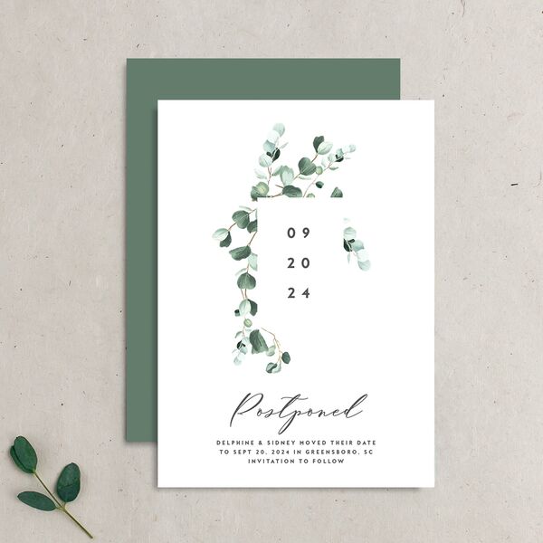Modern Eucalyptus Change the Date Cards Pure White Signature