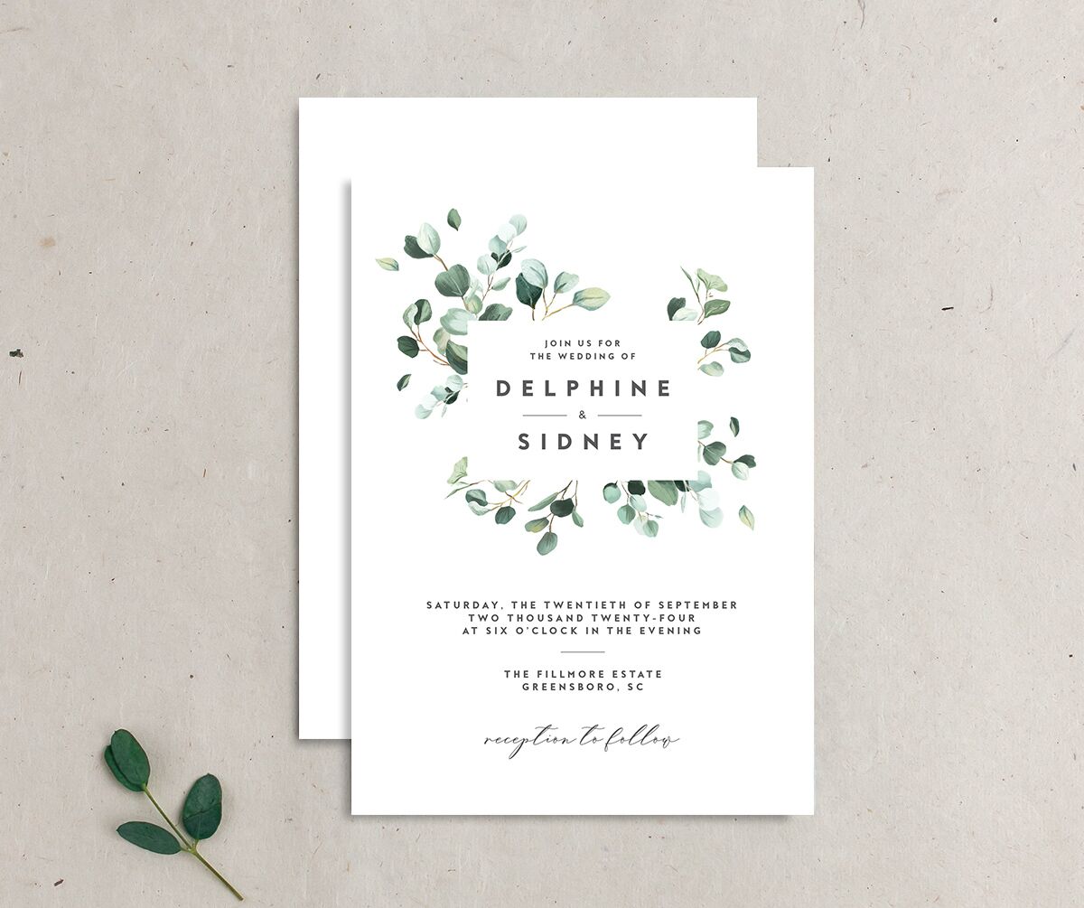 Modern Eucalyptus Wedding Invitations front-and-back in white