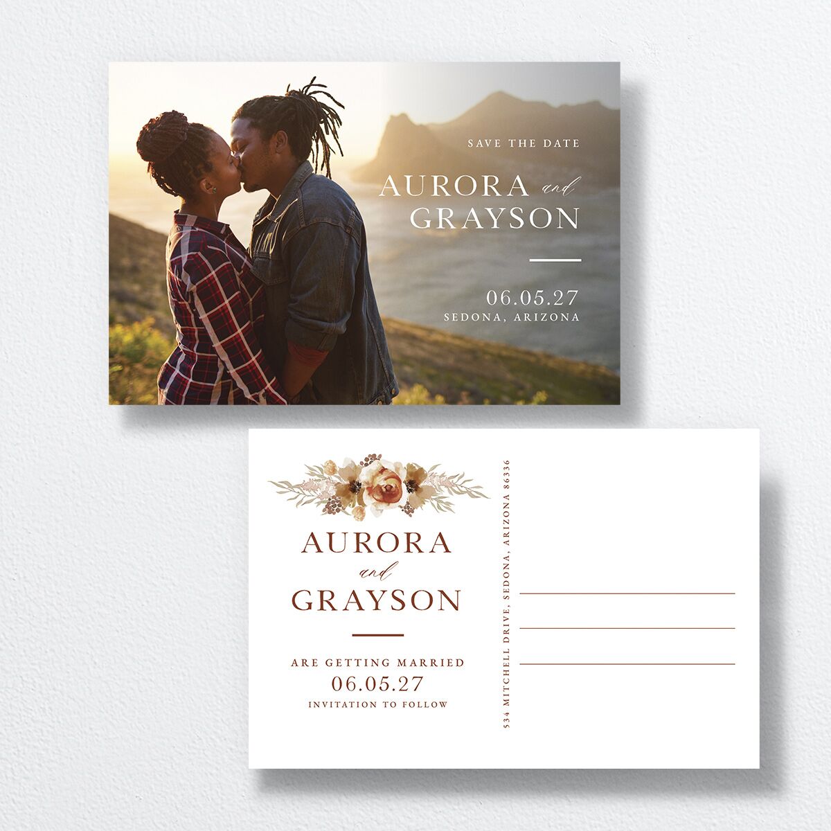 Bohemian Arch Save The Date Postcards front-and-back in Orange