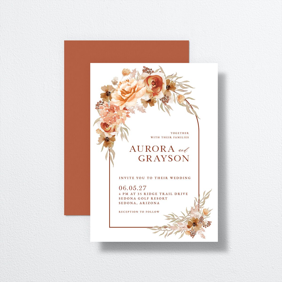Bohemian Arch Wedding Invitations front-and-back in orange