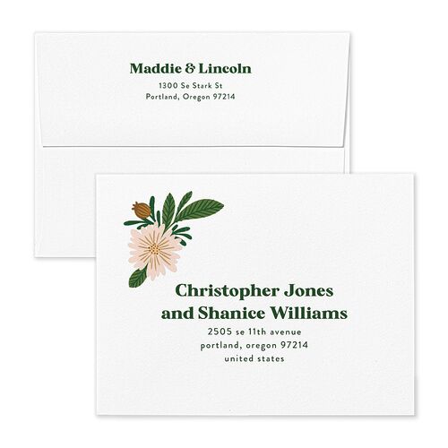 Retro Bloom Save the Date Magnet Envelopes White Scottish Green Both Recipient and Return Addresses Signature Standard