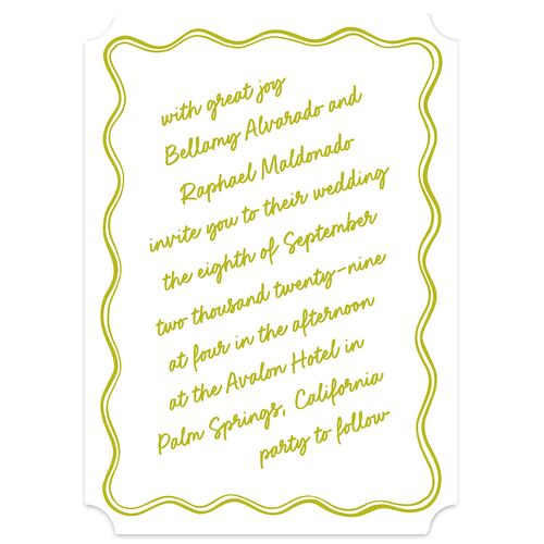 Modern Hand Drawn Wavy Frame Wedding Invitations Chartreuse Signature Blank Ticket No
