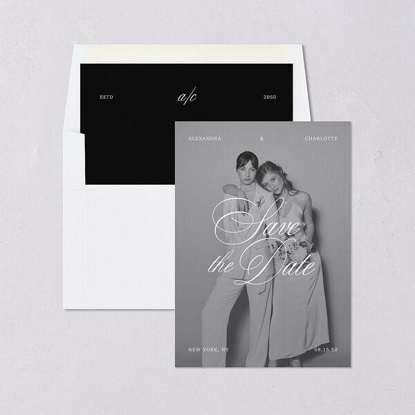Elegant Old Money Script Photo Save the Date Cards Pure White Signature smooth Blank No Standard